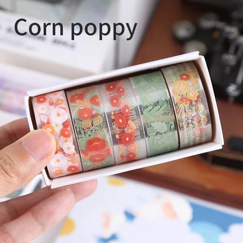 5PC Creative Transparent PET Flower Language and Paper Booklet Sticker Tape Gift Box DIY Decorative Material Booklet Tape
