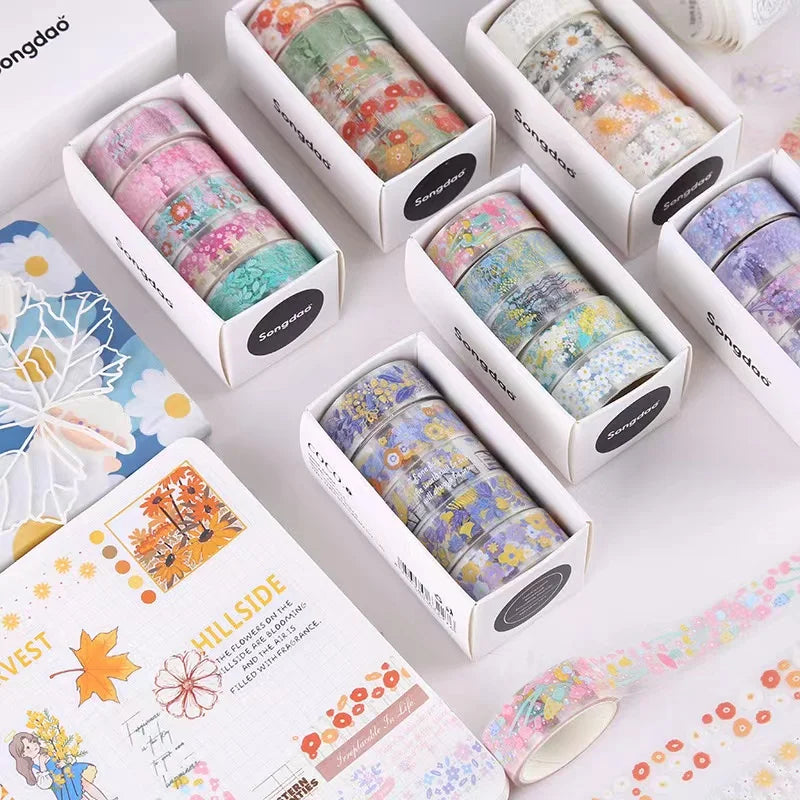 5PC Creative Transparent PET Flower Language and Paper Booklet Sticker Tape Gift Box DIY Decorative Material Booklet Tape